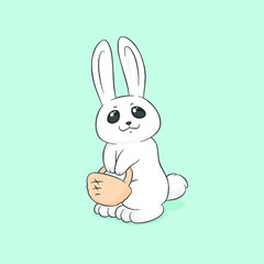 White rabbit to basket, cartoon vector image EPS.