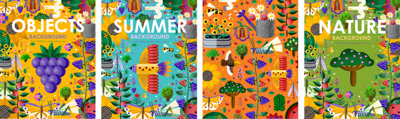 Summer time! Set posters of bright backgrounds and objects with summer flowers, juicy fruits, abstract birds, butterfly, gardening and nature. Vector illustration for banner, card, poster or postcard © Ardea-studio