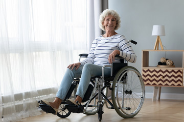 Portrait of happy positive handicapped old woman sitting in wheelchair feel optimistic at home or...