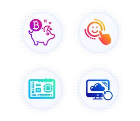 Motherboard, Bitcoin coin and Smile icons simple set. Button with halftone dots. Recovery cloud sign. Computer component, Piggy bank, Positive feedback. Backup info. Technology set. Vector