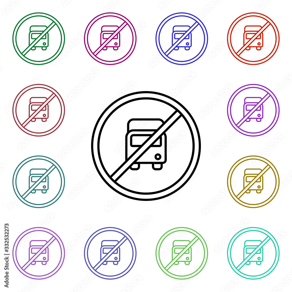 Poster road sign prohibition to buses multi color style icon. simple thin line, outline vector of road sign