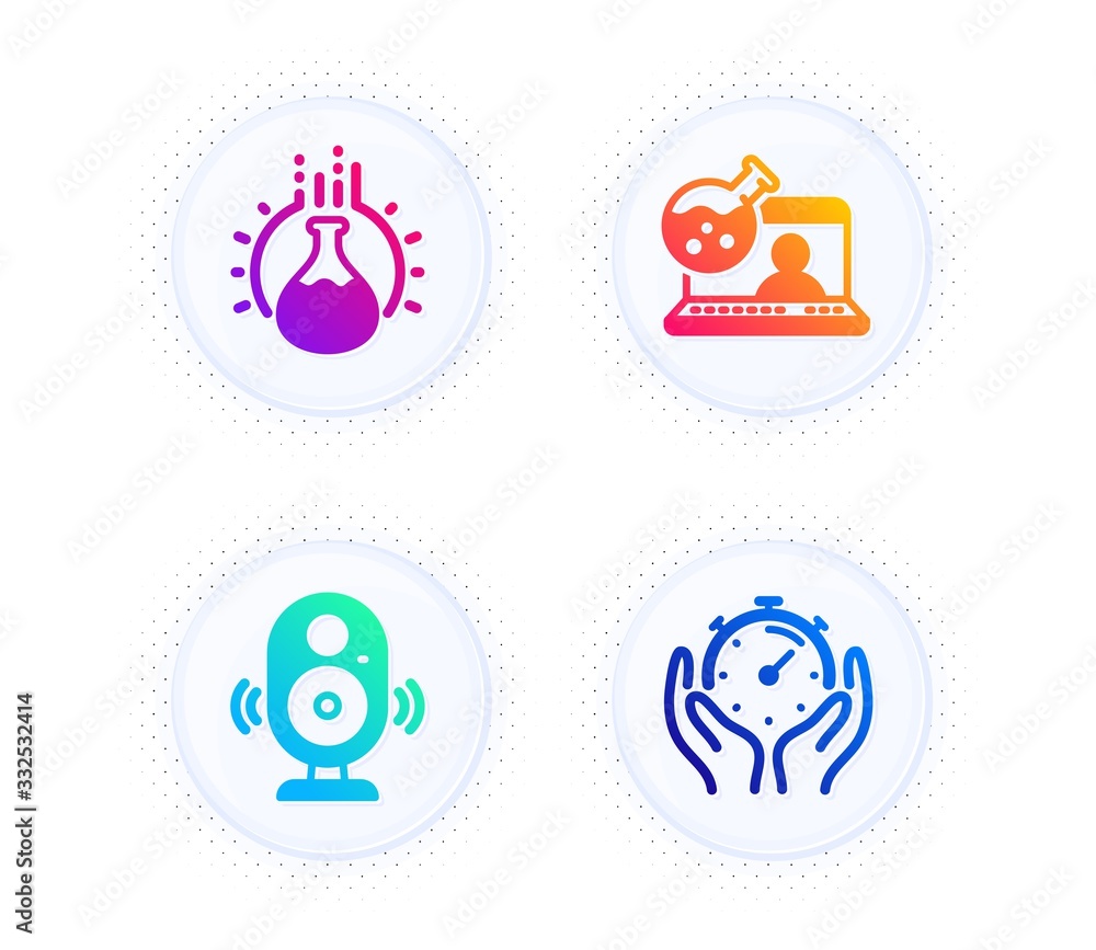 Poster online chemistry, speaker and chemistry experiment icons simple set. button with halftone dots. time