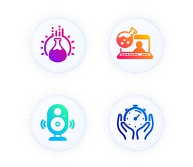 Online chemistry, Speaker and Chemistry experiment icons simple set. Button with halftone dots. Timer sign. Lab flask, Music sound, Laboratory flask. Deadline management. Science set. Vector