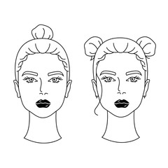Set of different woman hairstyles. Line art. Heads for avatars. Beauty salon decoration. Hand drawn illustrations. Female heads with beautiful hair.