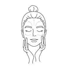 Instruction how to apply cream. Massage lines.  Line art. Beauty industry. Skin care. Black outline icon set isolated on white background. 