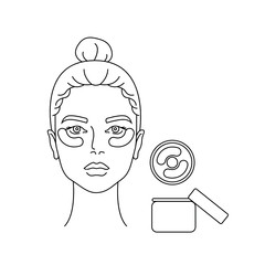 Instruction how to apply eye patches. Line art. Beauty industry. Skin care. Black outline icon set isolated on white background. 
