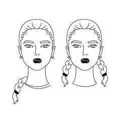 Set of different woman hairstyles. Line art. Heads for avatars. Beauty salon decoration. Hand drawn illustrations. Female heads with beautiful hair. 