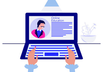 Working at home. Womаn freelancers get online education on laptops and computers at home. Vector flat style illustration.
