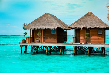 Maldives tropical Island, beautiful isolated luxury water bungalows Maldives in the blue green...