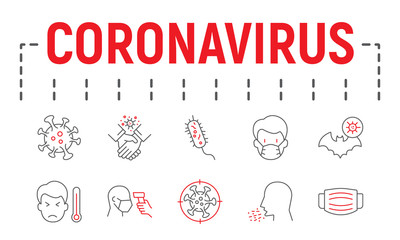 Coronavirus thin line icon set, illness symbols collection, vector sketches, logo illustrations, covid 19 icons, epidemic signs linear pictograms package isolated on white background.