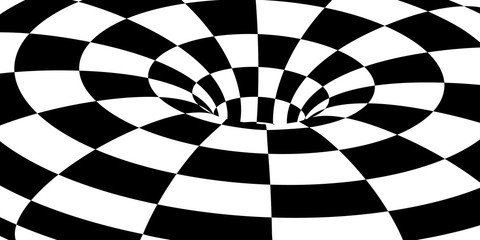 Vector abstract illustration of vortex with chess pattern. Trendy 3d background in op art style, optical illusion.