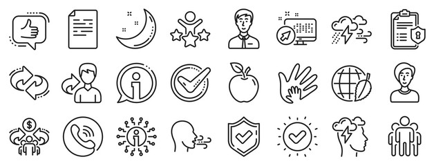 Privacy Policy, Social Responsibility, Breath icons. Check mark, Sharing economy and Mindfulness stress, Breath people line icons. Bad weather, Tick check mark, sharing refer, stress. Vector