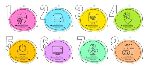 Quick tips, Monitor and Chemistry lab signs. Timeline steps infographic. Augmented reality, Face verified and Energy drops line icons set. Speaker, Recovery server symbols. Vector