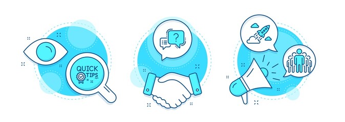 Quick tips, Startup rocket and Group line icons set. Handshake deal, research and promotion complex icons. Question mark sign. Helpful tricks, Business innovation, Managers. Quiz chat. Vector