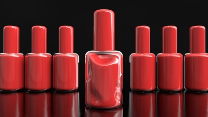 3d illustration of bottles with nail polish. Cgi of cosmetic product advertisement.