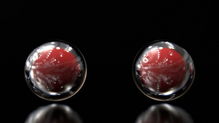3d illustration of futuristic balls with transparent glass bubble around on the black background.