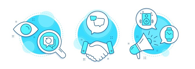 Recovery data, Smartwatch and Speakers line icons set. Handshake deal, research and promotion complex icons. Speech bubble sign. Backup info, Digital time, Sound. Chat message. Education set. Vector