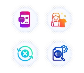 Reject refresh, Clean shirt and Smartphone notification icons simple set. Button with halftone dots. Seo stats sign. Update rejection, Laundry t-shirt, Chat message. Cogwheel. Business set. Vector
