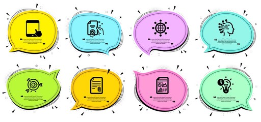 Report document, Tablet pc and Target signs. Chat bubbles with quotes. Time management, Artificial intelligence and Certificate line icons set. International globe, Attachment symbols. Vector