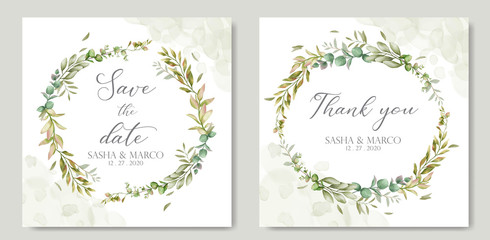 Greenery wedding invitation with eucalyptus leaf