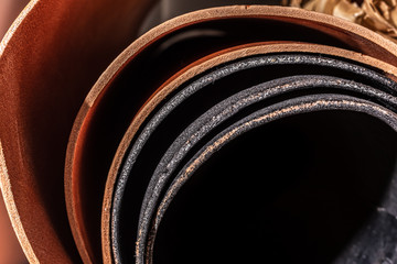 Colorful Leather samples, leatherwork tools, craftstmans tools, leather