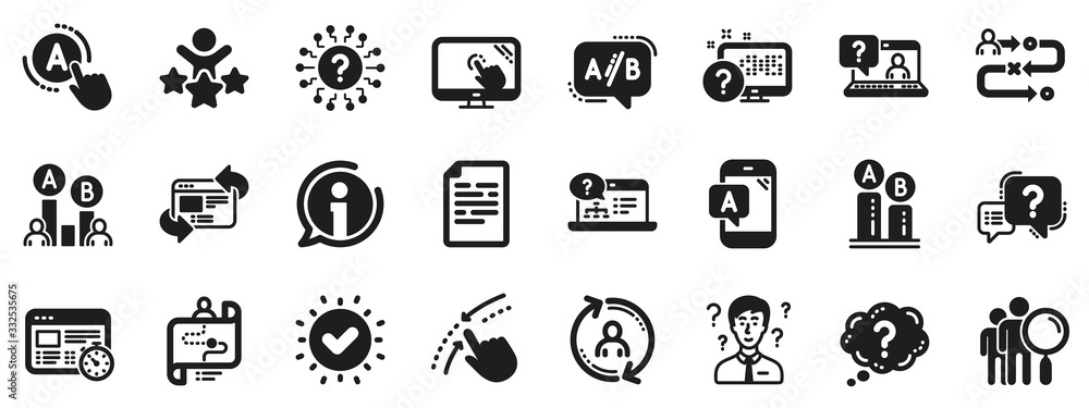 Poster set of ab testing, journey path map and question mark icons. ux icons. usability quiz test, ux ui an