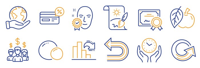 Set of Business icons, such as Reload, Creative painting. Certificate, save planet. Undo, Face verified, Cashback. Decreasing graph, Apple, Peas. Salary employees, Safe time line icons. Vector