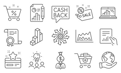 Set of Finance icons, such as Versatile, Report document. Diploma, ideas, save planet. Add products, Loan percent, Money transfer. Manager, 3d chart, Document. Vector