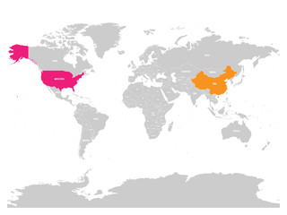 Fototapeta na wymiar United States and China highlighted on political map of World. Vector illustration
