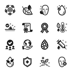 Set of Healthcare icons, such as Problem skin, Skin care. Certificate, approved group, save planet. Artificial colors, Organic product, Leaf dew. Face search, Eco organic, Thermometer. Vector