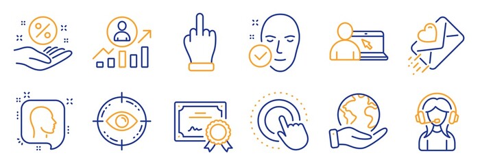 Set of People icons, such as Eye target, Support. Certificate, save planet. Career ladder, Click hand, Head. Health skin, Loan percent, Love letter. Middle finger, Online education line icons. Vector