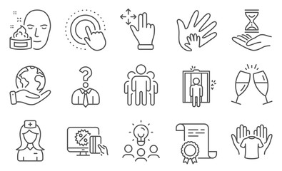 Set of People icons, such as Hold t-shirt, Hospital nurse. Diploma, ideas, save planet. Click hand, Time hourglass, Champagne glasses. Social responsibility, Hiring employees, Face cream. Vector