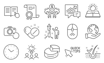 Set of Science icons, such as Medical pills, Quick tips. Diploma, ideas, save planet. Time, Swipe up, Anti-dandruff flakes. Pie chart, Accounting, Fireworks. Vector