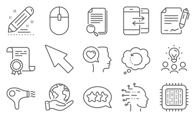 Set of Technology icons, such as Artificial intelligence, Hair dryer. Diploma, ideas, save planet. Recovery data, Computer mouse, Mouse cursor. Vector