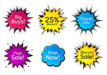 Shop now, 25% discount and final sale. Comic speech bubble. Thank you, hi and yeah phrases. Sale shopping text. Chat messages with phrases. Colorful texting comic speech bubble. Vector