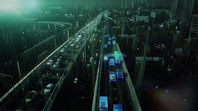Digital presentation of the autonomous cars self-driving concept. Top view to the road traffic on multi-level highway of futuristic city.
