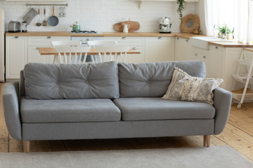 Comfortable grey empty sofa in center of modern kitchen or living room in cozy country house interior, gray comfy couch furniture in shabby chic countryside house, dwelling renovation and design