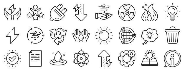 Solar panels, wind energy and electric thunder bolt. Energy line icons. Fire flame, hazard, green ecology icons. Electric plug, thunderbolt, recycling trash can. Solar power. Vector