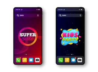 Super sale and Kids party. Smartphone screen banner. Discount offer badge. Mobile phone screen interface. Smartphone display promotion template. Online application banner. Vector