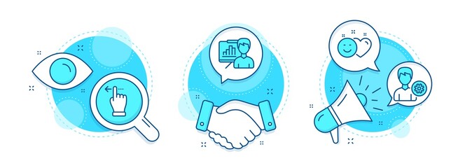 Support, Presentation board and Touchscreen gesture line icons set. Handshake deal, research and promotion complex icons. Smile sign. Edit profile, Growth chart, Slide left. Social media like. Vector