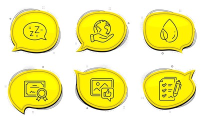 Survey checklist sign. Diploma certificate, save planet chat bubbles. Like photo, Leaf dew and Sleep line icons set. Thumbs up, Water drop, Zzz bubble. Report. Business set. Outline icons set. Vector