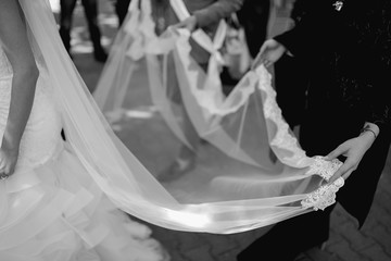 Fototapeta na wymiar Beautiful black and white photo bride's wedding dress