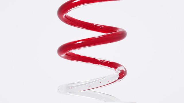 Abstract 3D background animation with glass helix tube with red liquid flowing inside. Crystal glass 3D object with reflection.