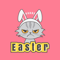 Easter greeting card with a cranky cat wearing rabbit hat