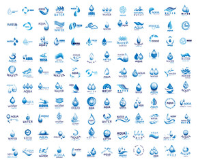Water Splash Vector And Drop Logo Set - Isolated On White. Vector Collection Of Flat Water Splash and Drop Logo. Icons For Droplet, Water Wave, Rain, Raindrop, Company Logo And Bubble Design