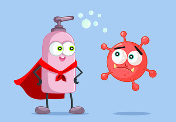 Superhero Hand Soap Fighting Evil Virus Vector Illustration