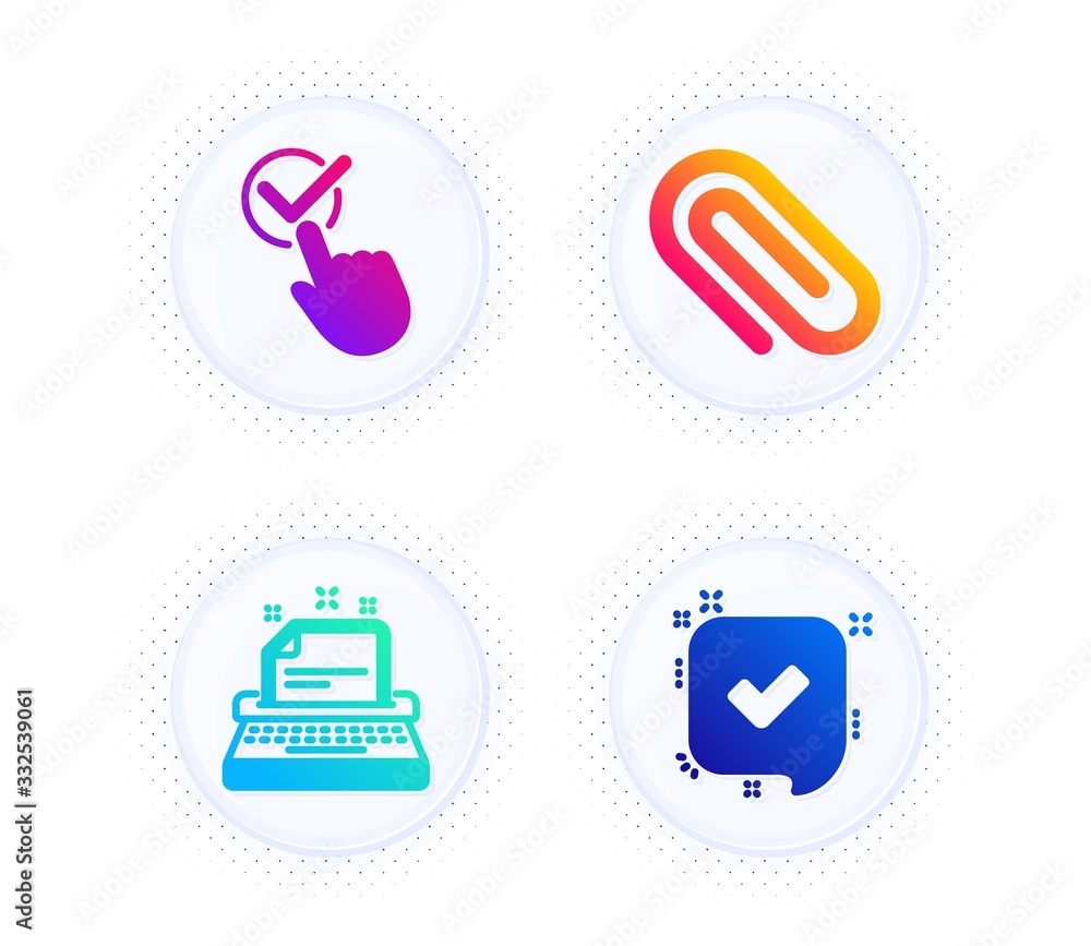 Poster typewriter, checkbox and paper clip icons simple set. button with halftone dots. confirmed sign. ins