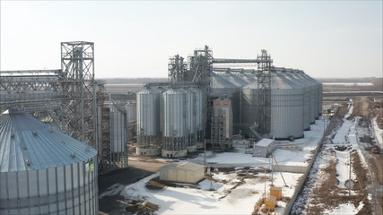 Industrial elevator, top view. High angle aerial view of industrial elevators and dryers in Russia