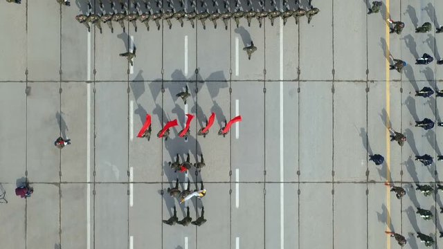 Aerial view of the passage of troops at the rehearsal of the may 9 parade