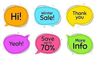 Winter sale, 70% discount and more info. Thought chat bubbles. Thank you, hi and yeah phrases. Sale shopping text. Chat messages with phrases. Colorful texting thought bubbles. Vector